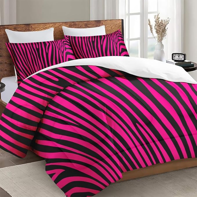 Comforter Set with Pillowcase Twin Size, Hot Pink Zebra Print Line Abstract, Bed Decor African Wildlife Black Striped Animal Jungle for Kids and Adults, Soft Cozy Bedroom Bedding Set