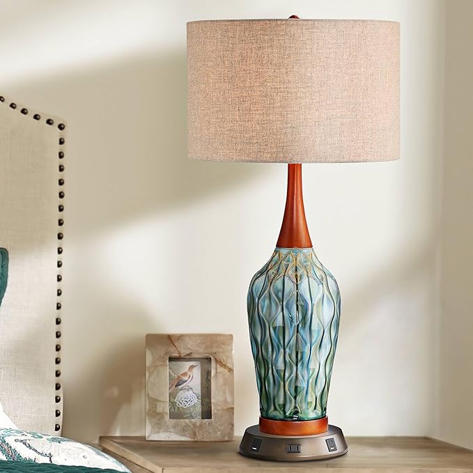 360 Lighting Rocco Mid Century Modern Table Lamp with USB and AC Power Outlet Workstation Charging Base Handmade 30" Tall Blue Ceramic Tan Drum Shade for Living Room Bedroom (Color May Vary)