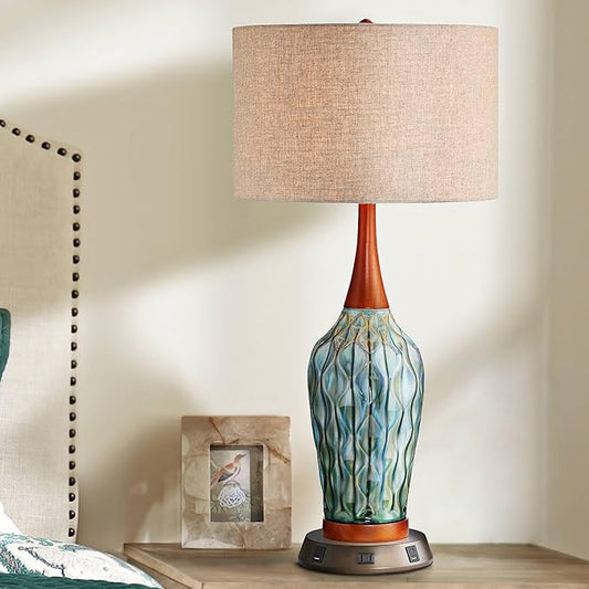 360 Lighting Rocco Mid Century Modern Table Lamp with USB and AC Power Outlet Workstation Charging Base Handmade 30" Tall Blue Ceramic Tan Drum Shade for Living Room Bedroom (Color May Vary)