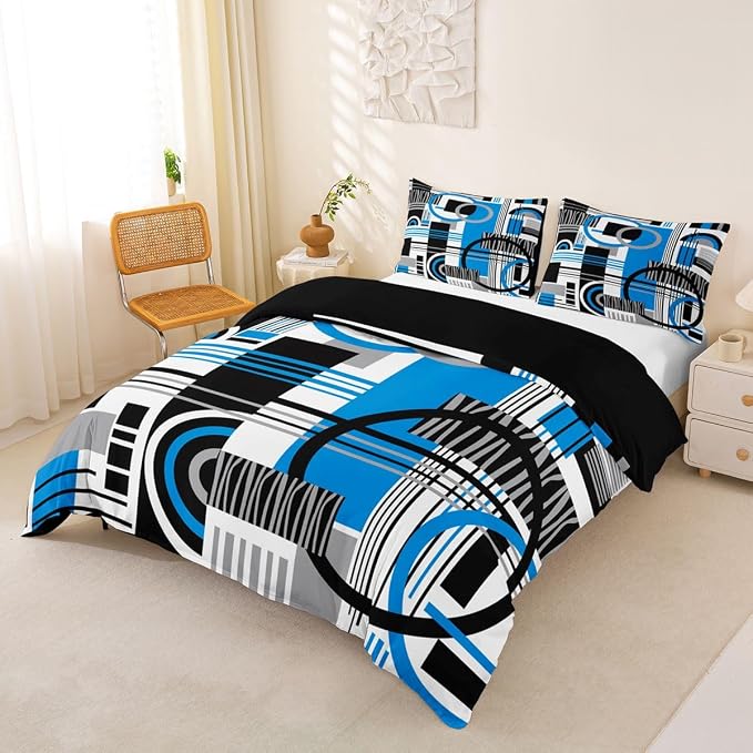 Erosebridal Art Deco Mid Century Duvet Cover Set Retro Modern Abstract Geometric Girl Toddler Bedding Set for Teenage Boys Black and White Blue Circles Stripes Comforter Cover Contemporary Bed Sets