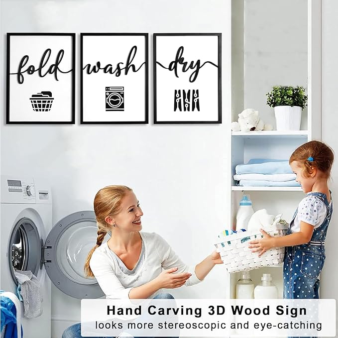 3D Wood Laundry Room Wall Decor, 36" x 16" Framed Laundry Room Wall Art, 3D Laundry Signs for Room Decor (Ready to Hang, Set of 3, Framed)