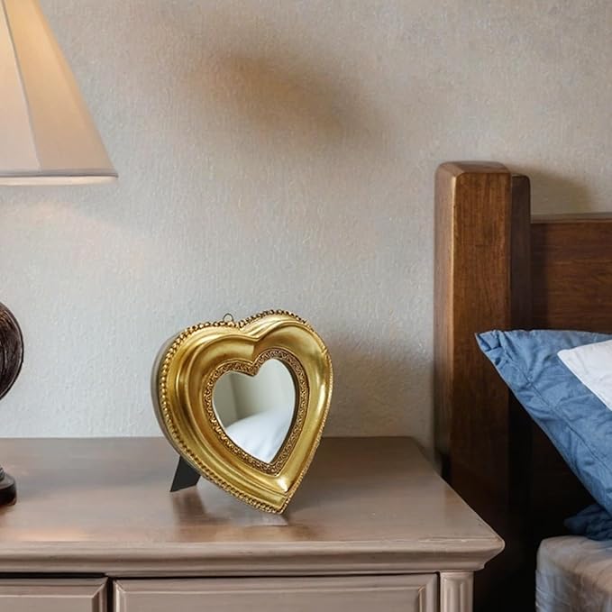 Golden Mini Vintage Mirror with Exquisite Relief Elegant Wall Decor for Bedroom Dresser Table Compact Resin Retro Design (Heart, 4.3X4.3)