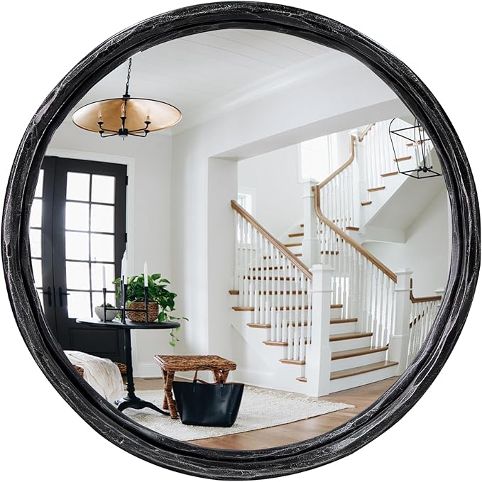 Hand-Forged Antique Black Round Convex Mirror, 12" Small Circle Wall Mirror with Thick Metal Framed, Round Decorative Wall Mirrors for Bathroom, Vanity