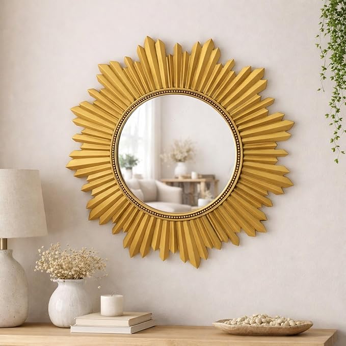 Armanda Collection Sunburst Round Wall Mirror Handmade Resin Frame Decorative Home Accent (Gold)
