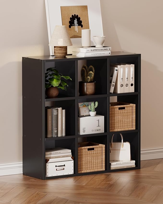 GTPLAYER 9-Cube Storage Organizer, Fits 11" Bins, Vertical or Horizontal Use, Opening Bookshelf, Partial Back Panels, Stackable Design Bookcase, for Living Room, Media Console, Hallway, Black