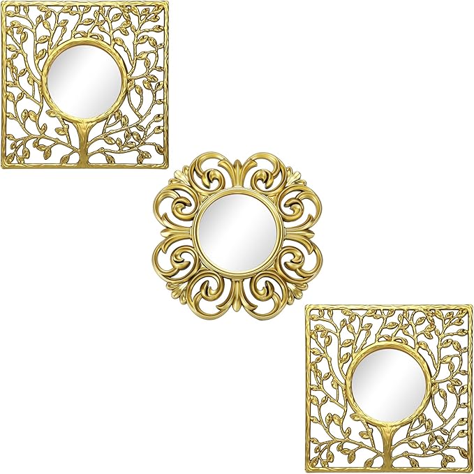 Fourluoo 3 Pack Gold Sunburst Mirrors for Wall Decor Circle Flowers Mirrors Decorative Gold Hanging Wall Art Flowers Mirror for Home Living Dinning Room Bedroom Bathroom Boho Decoration Art(Vintage)
