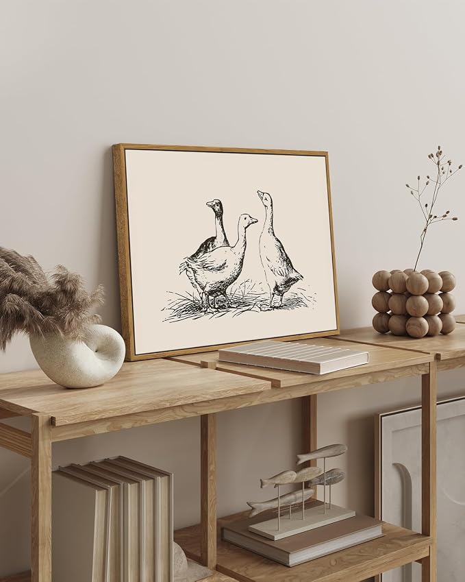 ARPEOTCY Vintage Framed Canvas Wall Art, 16x24 Inch Sketch Cute Duck Picture Nursery Decor, Large Animal Wall Art for Living Room Bedroom, Vintage Rustic Retro Home Decor Aesthetic