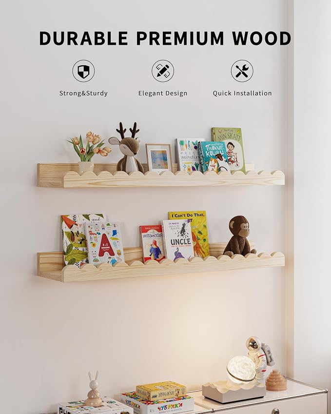 Shario Nursery Book Shelves, 4-Pack Wood Floating Shelves for Wall Kids, Scalloped Shelves, Wall Book Shelves for Bedroom Kids, Toddler Room, Baby Room, Nursery Decor (Wood, 23 Inches)
