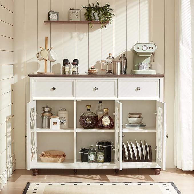 Large Sideboard Buffet Cabinet with Storage,48" Credenza with 3 Glass Doors & 3 Drawers,Adjustable Shelves Coffee Bar,Wood Kitchen Console Table for Dining Room,Living Room,White