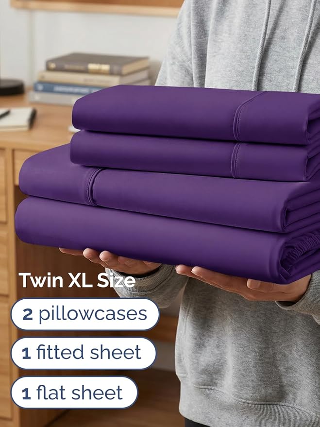 Extra Deep Twin XL Sheet Set - 4 Piece College Dorm Bed Sheets Set w/Extra Deep Pockets - Ultra-Soft, Comfy & Breathable Bedding for Women, Men, Kids & Teens - Wrinkle Free & Fade Resistant - Purple