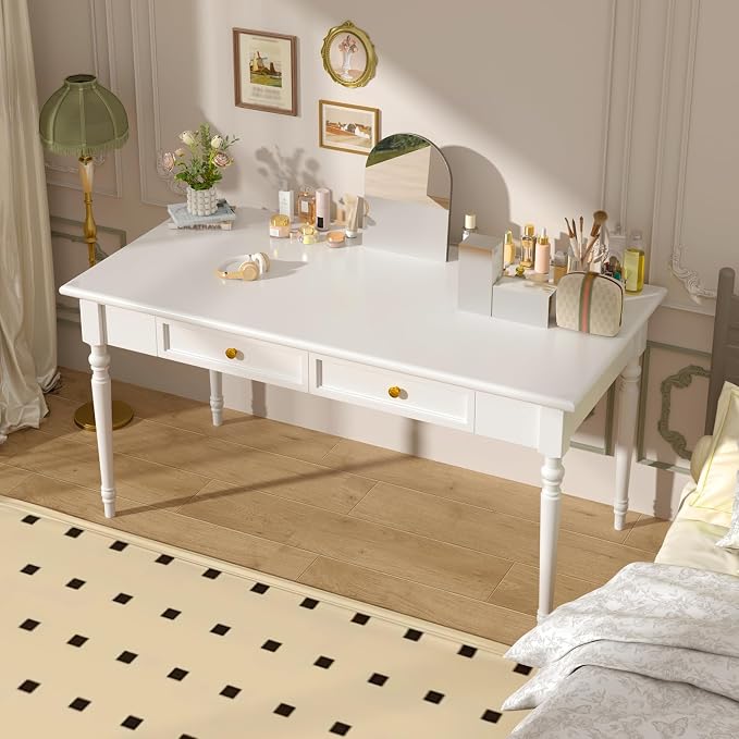 Solid Wood French Country Desk,Writing Desk with Storage Drawers,Farmhouse Computer Table Makeup Table Modern Simple Style,for Home Office Living Room Study Workspace Bedroom (White, 47.2IN)