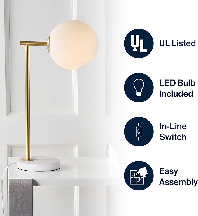 JONATHAN Y JYL1000A 20.5" Modern Gold Table Lamp with White Marble Base and Frosted Glass Globe, Contemporary Bedside Nightstand Lamp for Bedroom, Living Room, Office, LED Bulb Included