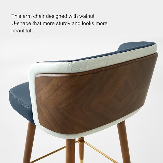ARTPLAN Mid Century Modern Bar Stools Set of 2 for Counter Height - Leather Upholstered Seat with Walnut Wood Frame, Retro 34 Inch Bar Chairs for Home Kitchen Island, Bar, Breakfast Nook,Navy Blue