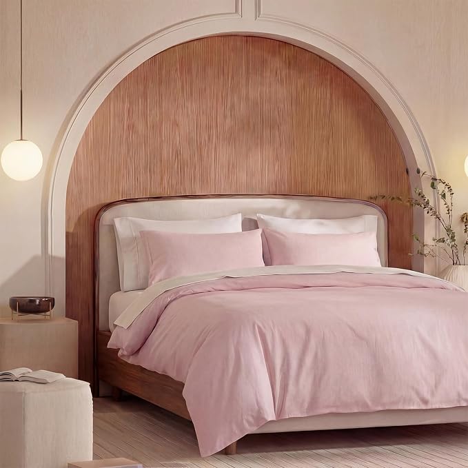 100% Washed Cotton Duvet Cover King Size – Pink, Linen-Like Texture, Super Soft & Breathable Bedding Set, 3-Piece Durable Percale Comforter Cover