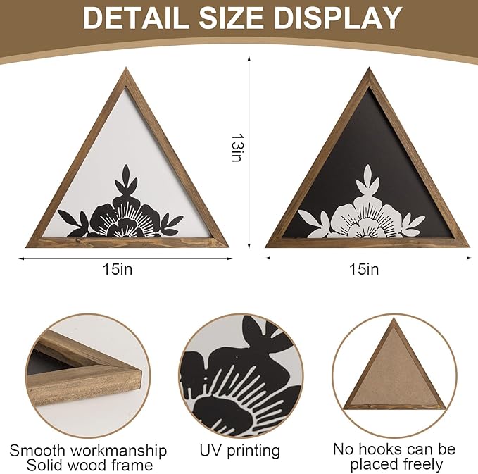 flangairy Floral Wall Decor Wooden Botanical Wall Art Framed Boho Wood Geometric Triangles Black White Bedroom Bathroom Room Home Decorations