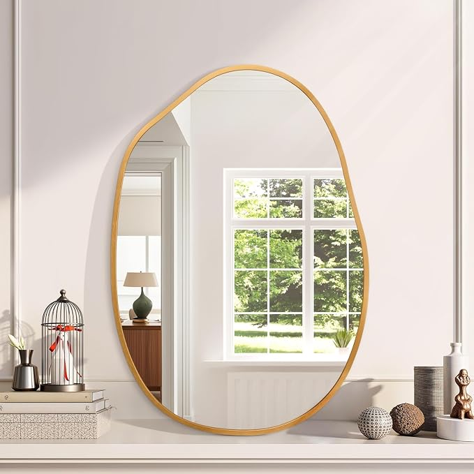 Gold Irregular Wall Mirror Aluminum Alloy Frame Asymmetrical Bathroom Mirrors Brushed Metal Vanity Wall Mounted Mirror for LivingRoom Bedroom Entryway Room Home Decor Large 22"x30"