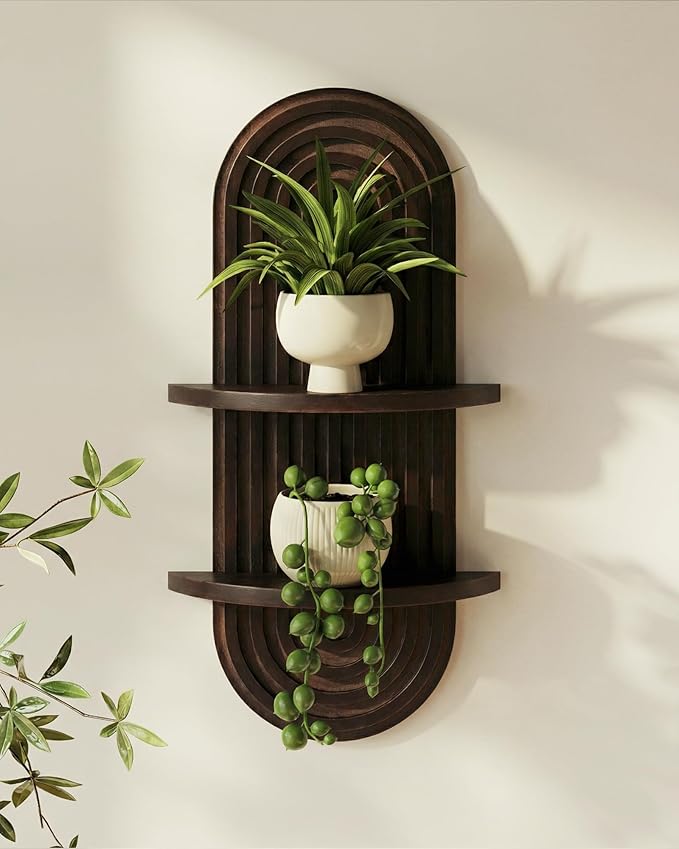 Bamworld Boho Wall Decor Plant Wall Shelf Mid Century Modern Decor Hanging Plant Shelf 2-Tier Wooden Floating Shelves for Home Bathroom Bedroom Living Room Office Holding Planter Decoration Walnut