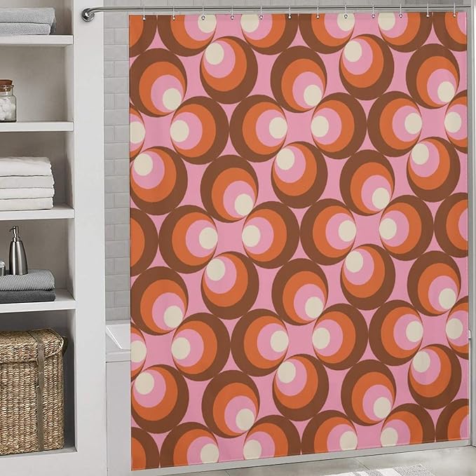 Mid Century Vintage Geometric Shower Curtains Modern Pink Rod Pocket Abstract Geometric Circular Shapes Washable Waterproof Fabric for Bathroom Decor Bathtub with 12 Hooks 72x72in (183x183cm)