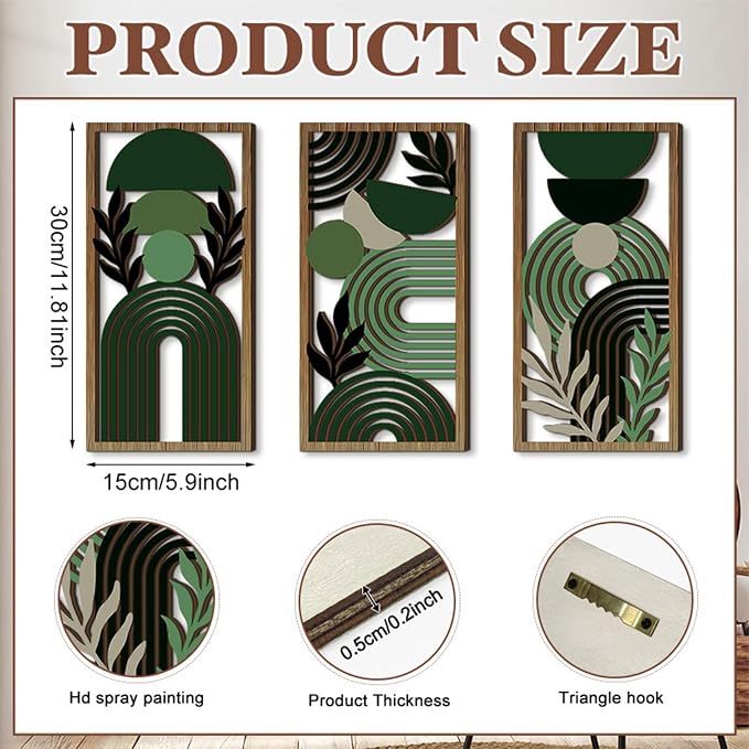 LB Modern Geometric Wall Art Set of 3, Boho Abstract Mid Century Wall Decor Wooden Framed, Green Striped Black Leaf Hanging Decoration for Living Room Bedroom Home Office, 11.8 x 5.9 inches