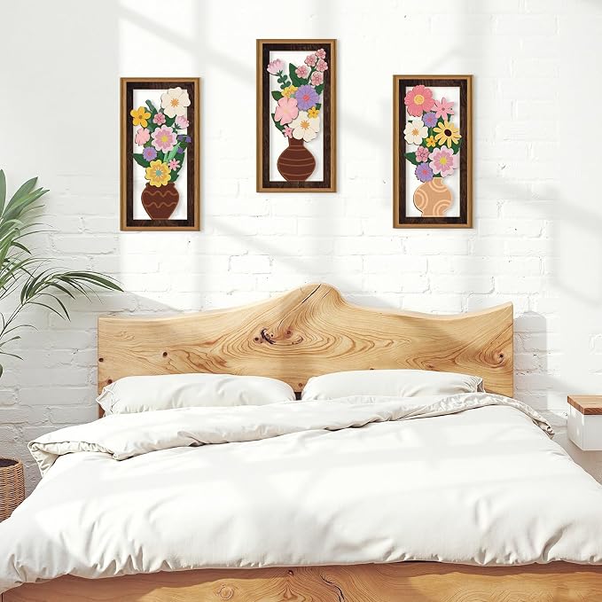 Celestdeco 3 Pcs Boho Flower Wall Decor,Boho Flower Wood Wall Art,Bohemian Floral Artwork Wooden,Pink Wildflower Wood Art Set,Flowers Potted Plant Bohemian Artwork for Living Room Bedroom Office