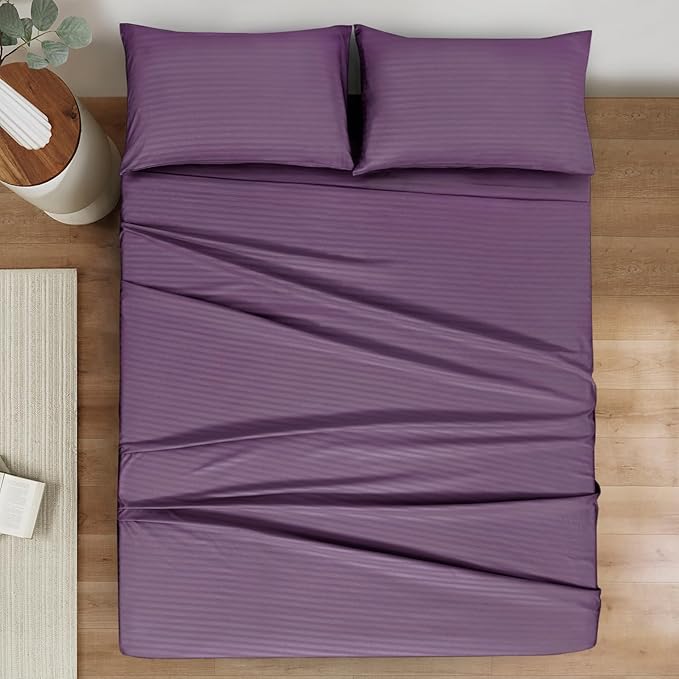 Mejoroom Striped Full Size Sheets – Extra Soft Full Size Bed Sheets - 16inches deep Pocket Full Sheet Set, Breathable, Wrinkle, Fade and Stain Resistant - 4 Piece (Purple)