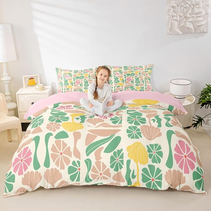 Erosebridal Boho Abstract Colorful Floral Duvet Cover King Vintage Retro Patchwork Pink Green Bedding Set Flower Botanical Geometric Comforter Cover for Kids Adults,Aesthetic Groovy Bed Set