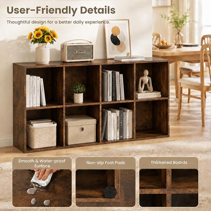 POWERSTONE 8 Cube Storage Organizer, Open Cube Bookshelf with Back Panels, Modern Display Cubby Bookcase for Bedroom Living Room Home Office, Rustic Brown