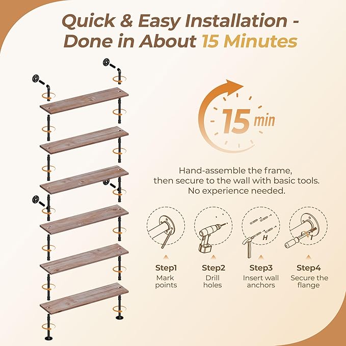 Industrial Ladder Pipe Shelf, Wall Mounted Wood Metal Bookshelf for Living Room Storage (Weathered Brown, 6 Tier - 10" D x 48" W x 82.5" H)
