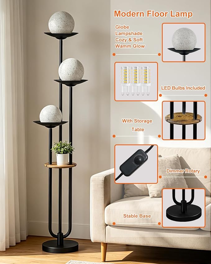 Lightdot Globe Floor Lamp with Shelf 3-Lights Modern Dimmable Floor Lamps for Wedding/Party, 3000K Warm White Bulbs Included, Black Tall Standing Lamp with Grey Shade for Living Room/Bedroom
