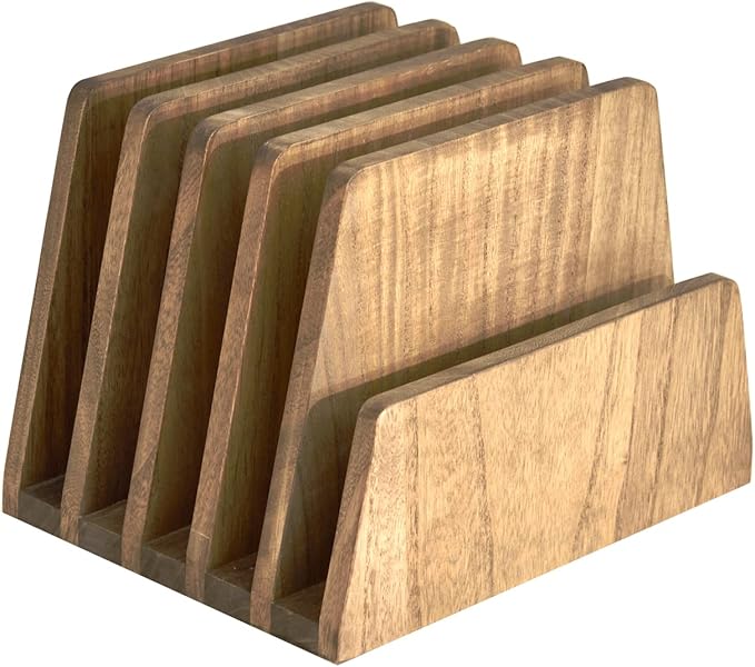 KIRIGEN Wooden Desk Mail Organizer, 5-Slot File Holder and Letter Sorter for Mail, Folders, Bills, Papers, Notebooks, Home Office, Classroom, Countertop, No Assembly, Brown 5KWJJ-DBR