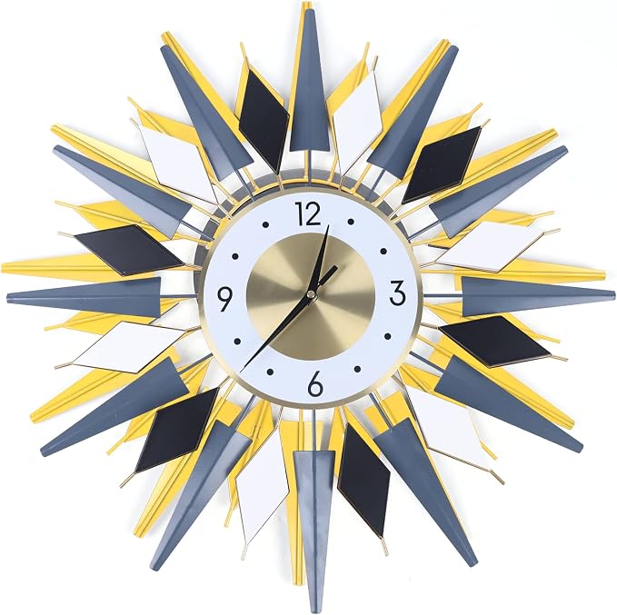 23.6 Inch Modern Large Decorative Wall Clock Silent Non Ticking, Battery Operated Sun Wall Clock, Retro Star VWall Clock Mid Century Home Decor
