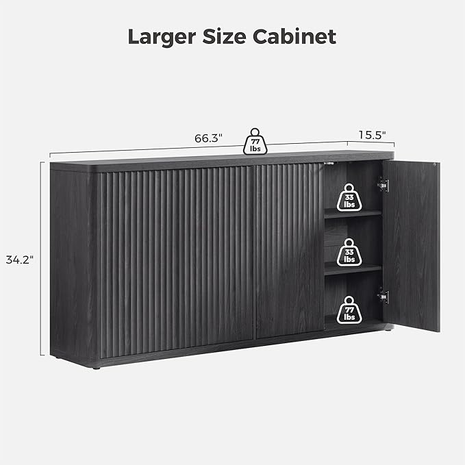 SICOTAS Buffet Cabinet with Storage Accent Sideboard with 4 Doors 66.3" Wide Fluted Credenza Modern Buffet Table Media Console Cabinet Entryway Cabinets for Living Room Kitchen Dining Room Hallway