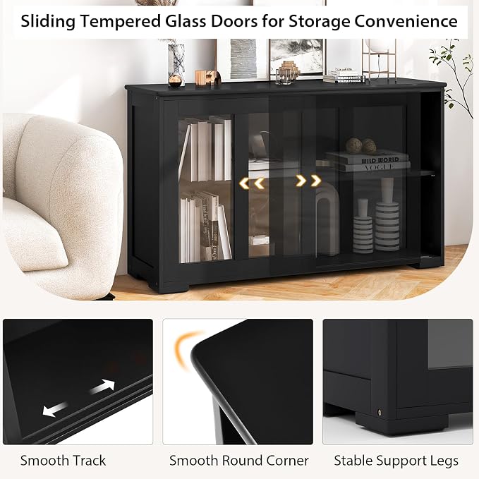 Byroce Sideboard Buffet Cabinet, Stackable Storage Coffee Bar Cabinet with Adjustable Shelf & Glass Sliding Doors, Wood Cupboard Credenza Console Table for Kitchen Dining Living Room (2, Black)
