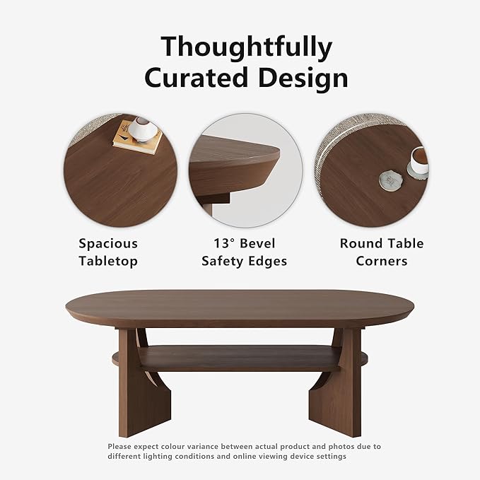 Mid Century Modern Coffee Table, 47" Oval Wood Coffee Tables for Living Room, 2 Tier Curved Round Center Table with Storage Shelf & Sturdy Base, Minimalist Retro Tea Tables, Walnut