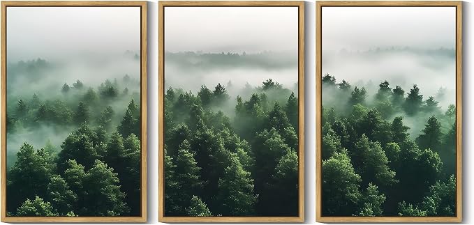 KUVIOKE Green Fog Pine Tree Framed Wall Art Nature Nordic Misty Forests Artwork Morden Painting Bedroom Decor 24x36in (Natural Framed)