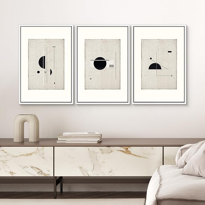 SIGNWIN Framed Canvas Print Wall Art Set Mid-Century Modern Geometric Polygons Abstract Shapes Illustrations Modern Art Decorative Minimal Duotone for Living Room, Bedroom, Office - 24"x36"x3 White