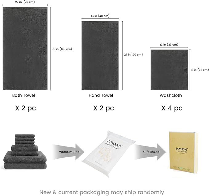SEMAXE Bathroom Towel Set, 8-Piece Gray Cotton Towels with Loops – 2 Bath, 2 Hand, 4 Washcloths, Soft, Absorbent & Durable