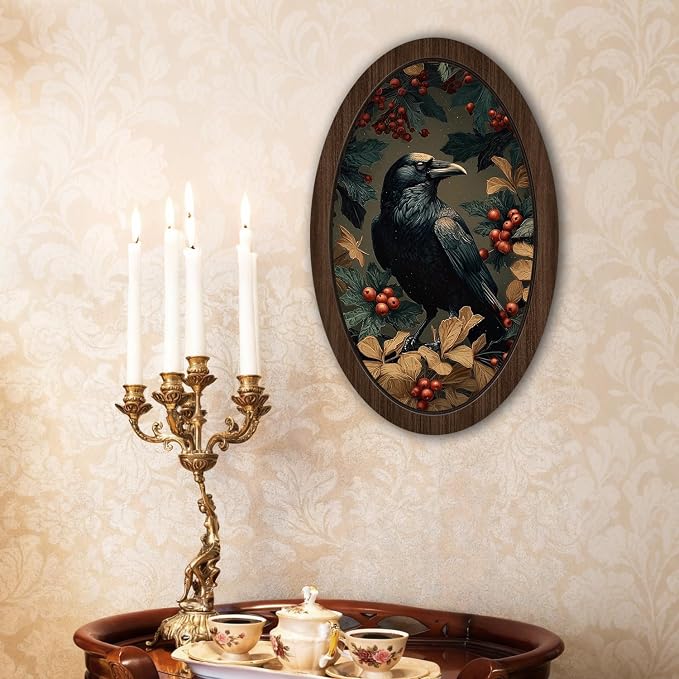 UYIKG Vintage Gothic Raven Wall Art Decor,Victorian Crow Oval Oval Wall Decor,Vintage Dark Academia Moody Cottagecore Wooden Framed Wall Decorations for Home Bedroom Church Prayer Room 9x14.6 in