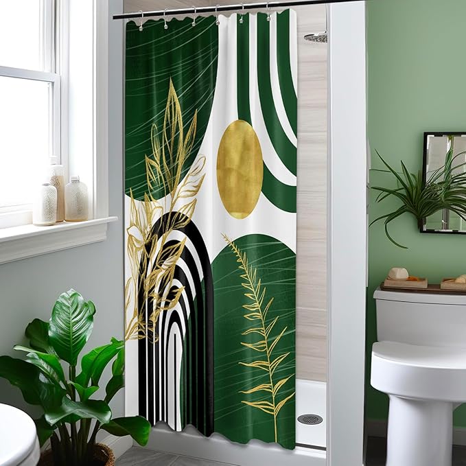 Olive Green and Gold Shower Curtain Boho Mid Century Modern Hunter Green Shower Curtains for Bathroom Decor Sets, Waterproof Cloth Fabric with Hooks 36x72in