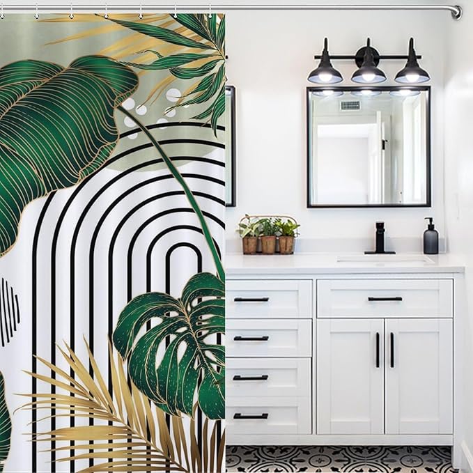 Boho Leaf Shower Curtain，Mid Century Green Gold Abstract Tropical Plant Minimalist Modern Geometric Palm Leaf Arch Bathroom Decor Fabric Polyester Waterproof 12 Pack Hooks,72x78Inch