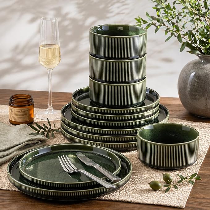 GBHOME 12-Piece Stoneware Dinnerware Set for 4 – Ribbed Ceramic Plates and Bowls, Scratch-Resistant, Microwave & Dishwasher Safe, Reactive Glaze, Mossed Jade