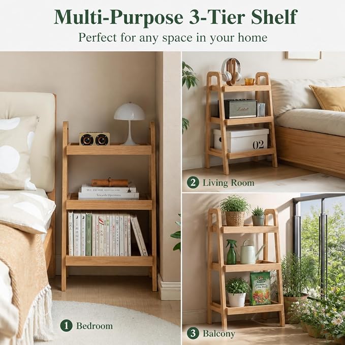 100% Solid Oak 3 Tier Ladder Shelf, Small Bookshelf, Ladder Bookshelf, Bookcase with Stable Frame, Small Table for Living Room Bedroom(Natural, 12.6" L x 17.72" W x 31.5" H)