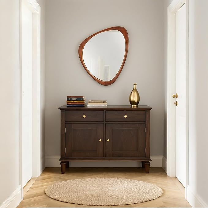 Asymmetrical Mirror, 24"x19" Unique Irregular Wall Mirror, Wood Mid Century Modern Mirror Decor for Bathroom Bedroom Living Room Entryway Hallway (Natural Wood)