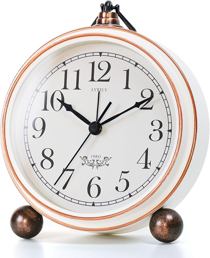 AYRELY® 5.3" Vintage Analog Alarm Clock, Battery Operated Metal Desk Clock, Retro Table Clock with Light for Living Rooms, Bedrooms, Shelf, Home Decor (White)