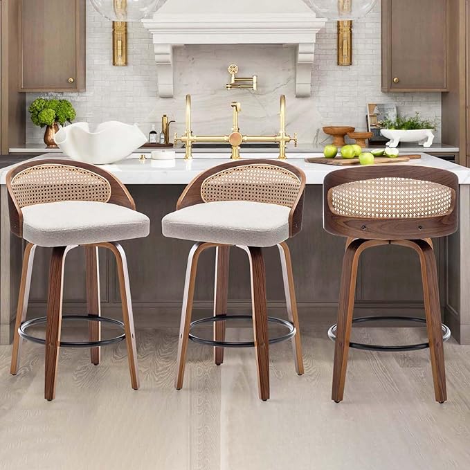 26" Swivel Rattan Bar Stools Mid-Century Modern Beige Linen Fabric Upholstered Counter Height Stools,Kitchen Island Barstools with Rattan Low Backrest,Walnut Wood Finish Bar Chair,1PCS
