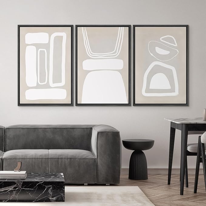 SIGNWIN Framed Canvas Print Wall Art Set Mid-Century Boho Geometric Polygons Abstract Shapes Cozy Neutral Modern Art Decorative Contemporary Minimal for Living Room, Bedroom, Office - 16"x24"x3 Black