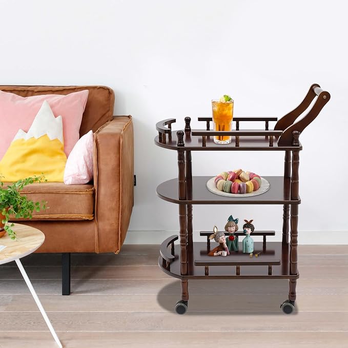 3 Tier Rolling Cart, Midcentury Modern Mobile Bar Cart Trolley, Service Cart with Wheels, for Home, Bar, Beauty Shop