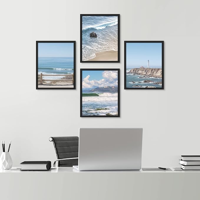 SIGNWIN Framed White Aerial View Blue Ocean Wave Beach Shore Wall Art, Set of 4 Landscape Colorful Wall Decor Prints, Nature Wilderness Wall Décor for Living Room, Bedroom - 11"x14" Black