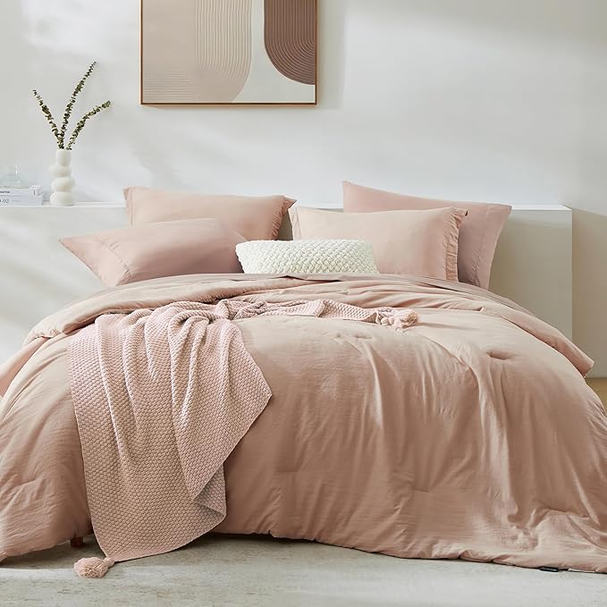 WRENSONGE Full Size Comforter Set- 7 Pieces Clay Pink Bed in a Bag Full Size Comforter with Fitted Sheet, Flat Sheet, 2 Pillow Shams, 2 Pillowcases, Warm Bedding Sets for All Season