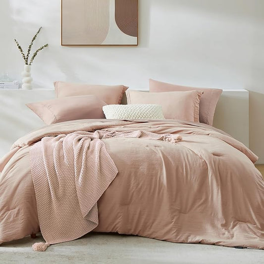 WRENSONGE Full Size Comforter Set- 7 Pieces Clay Pink Bed in a Bag Full Size Comforter with Fitted Sheet, Flat Sheet, 2 Pillow Shams, 2 Pillowcases, Warm Bedding Sets for All Season
